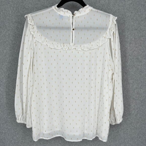 Draper James Womens Clip Dot Blouse Top Size L White Gold Metallic Ruffle Modest - Picture 2 of 14